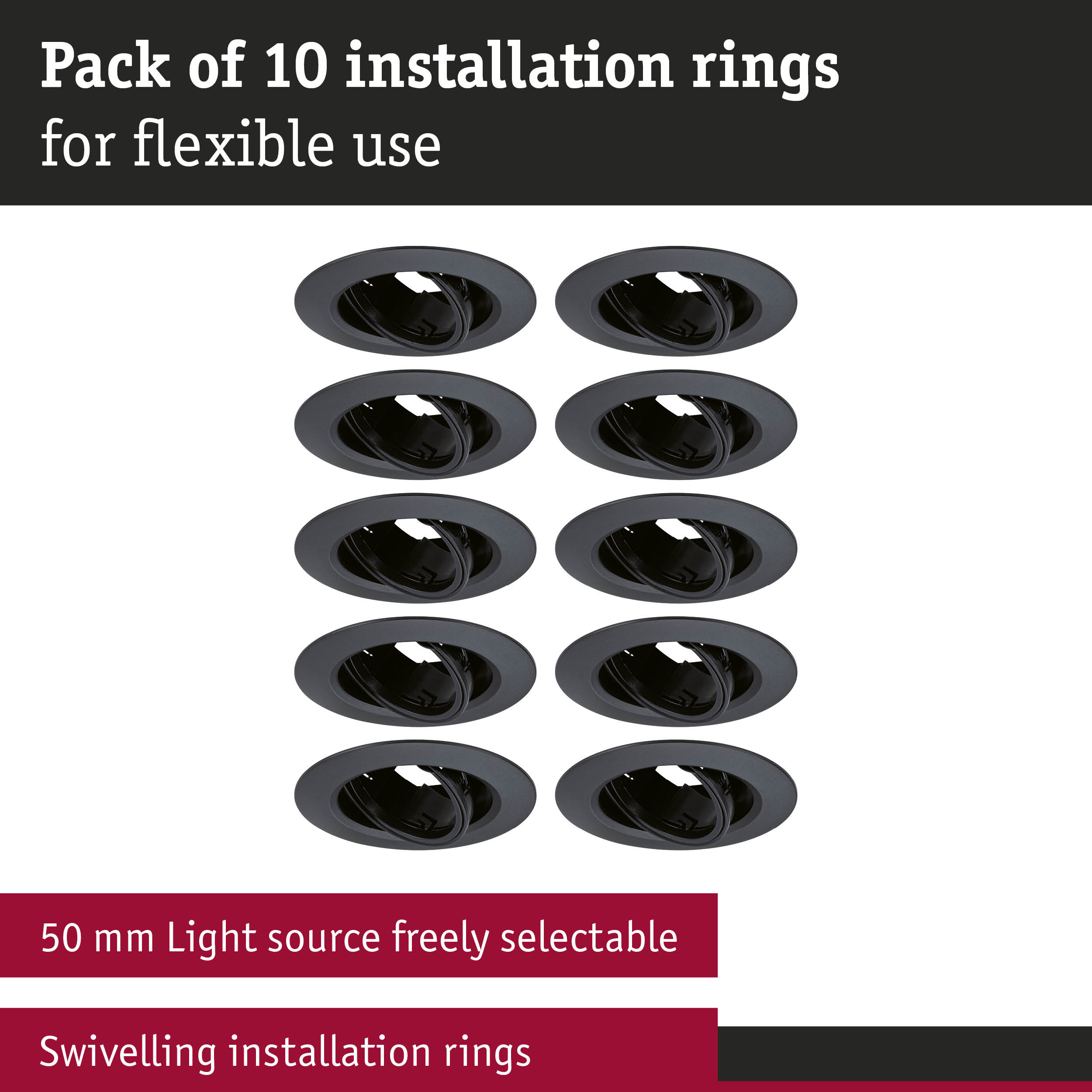 Pack of 10 black swivelling plastic installation rings for flexible lighting solutions