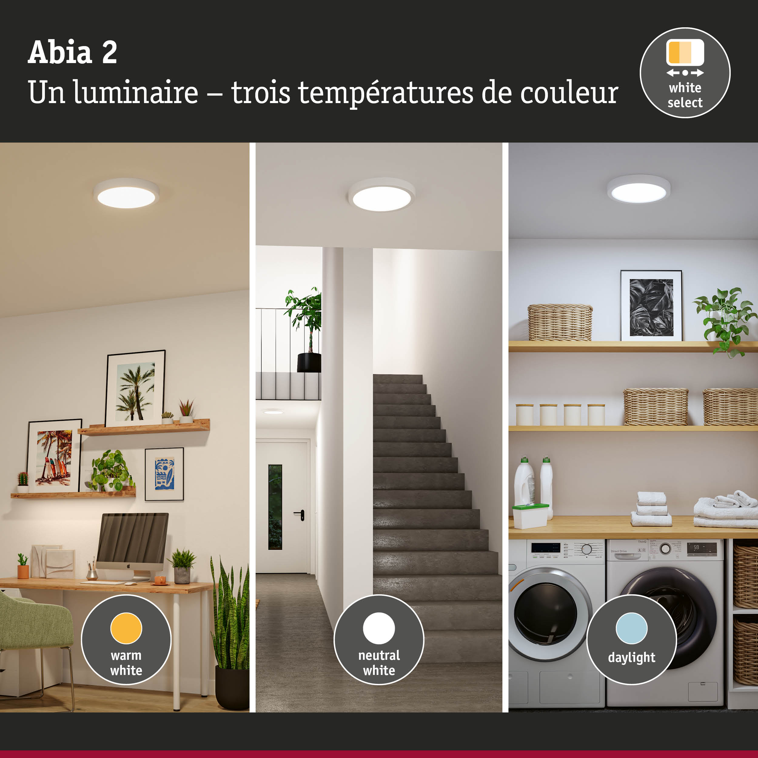 Plafonnier LED Abia 2 blanc avec trois températures de couleur réglables pour l'éclairage intérieur