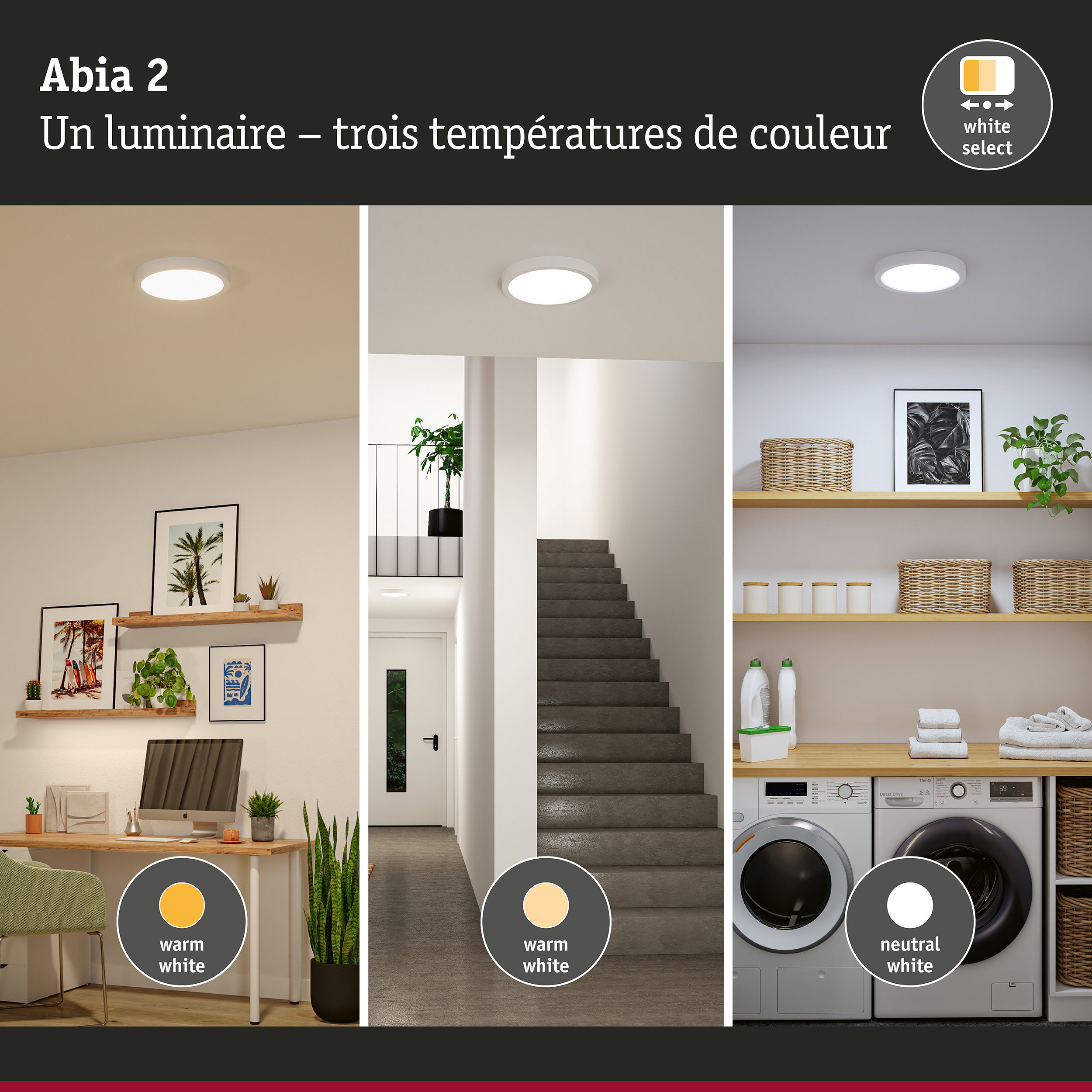 Plafonnier LED Abia 2 blanc avec trois températures de couleur réglables pour l'éclairage intérieur