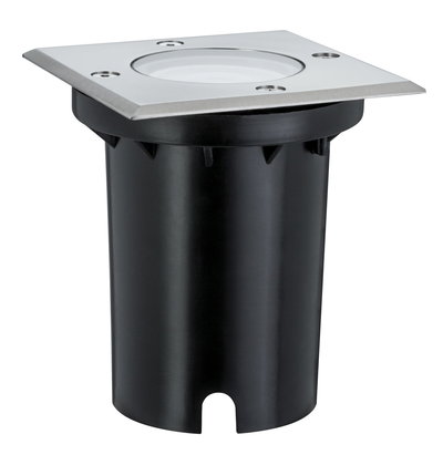 Square recessed floor spotlight with stainless steel and black plastic for outdoor lighting.