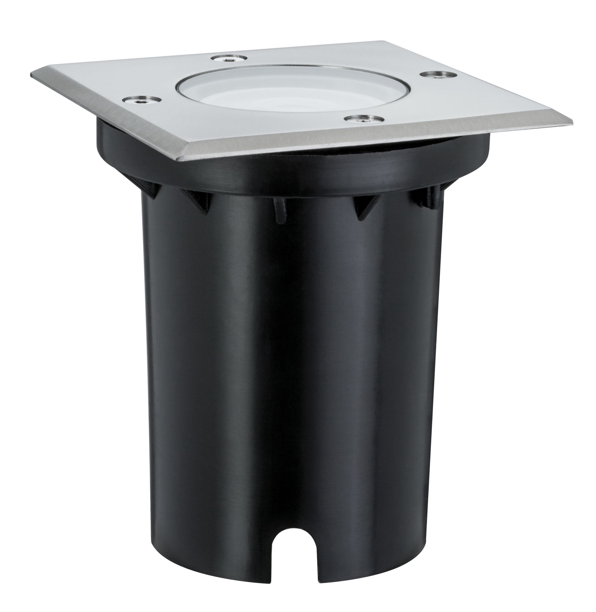 Spot encastré carré en acier inoxydable et plastique noir pour éclairage extérieur.