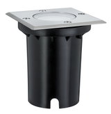 Spot encastré carré en acier inoxydable et plastique noir pour éclairage extérieur.