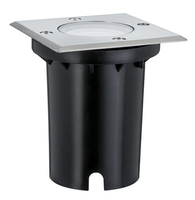 Spot encastré carré en acier inoxydable et plastique noir pour éclairage extérieur.