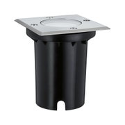 Spot encastré carré en acier inoxydable et plastique noir pour éclairage extérieur.