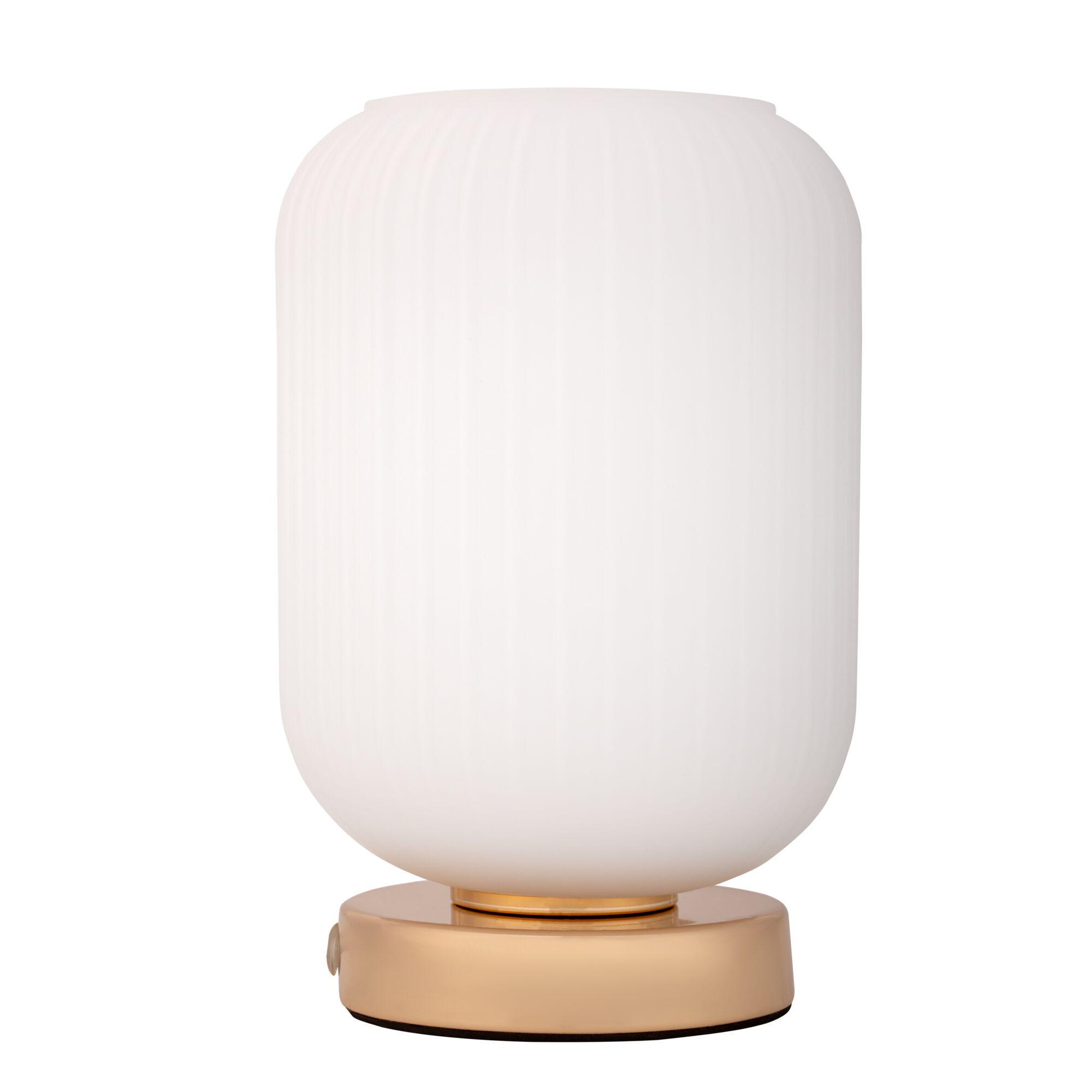 Moderne Tischlampe mit weißem Glas und goldfarbenem Metallfuß für stilvolle Wohnraumbeleuchtung