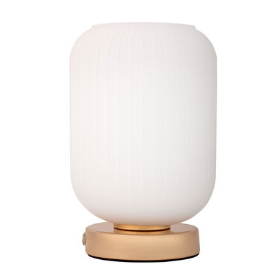 Moderne Tischlampe mit weißem Glas und goldfarbenem Metallfuß für stilvolle Wohnraumbeleuchtung