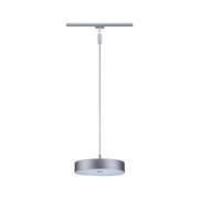 Modern silver metal pendant light with round shade and white diffuser for living spaces