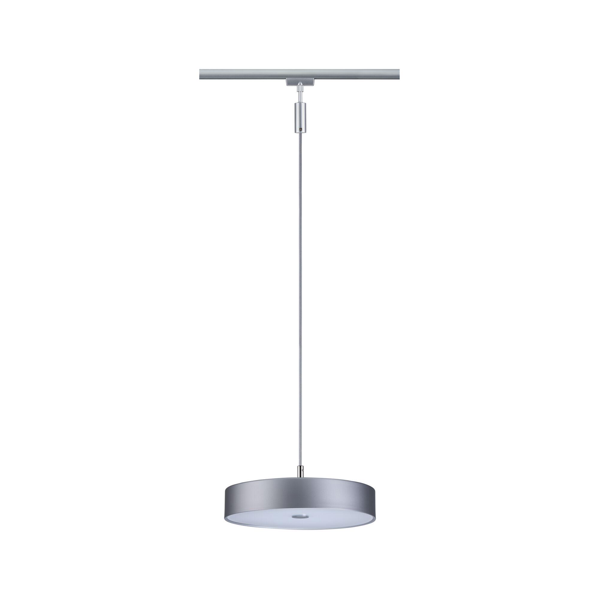 Modern silver metal pendant light with round shade and white diffuser for living spaces