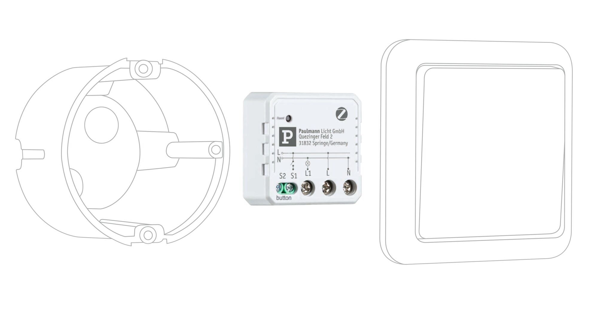 White electrical control unit with terminal connections and schematic drawing for light control