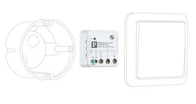 White electrical control unit with terminal connections and schematic drawing for light control