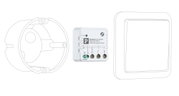 Hvid elektrisk styreenhed med terminalforbindelser og skematisk tegning til lysstyring