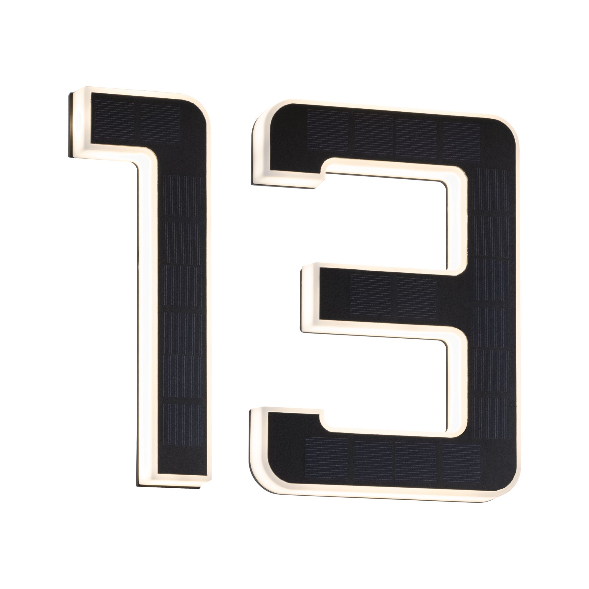 Black solar house number 13 with white LED lighting for outdoor and facade use.