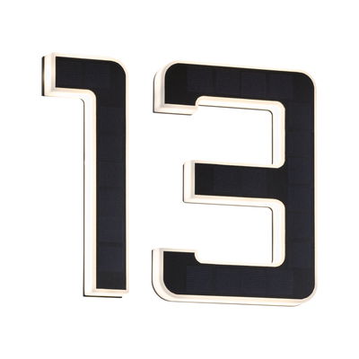 Black solar house number 13 with white LED lighting for outdoor and facade use.