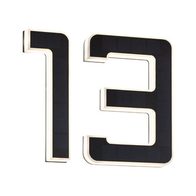 Black solar house number 13 with white LED lighting for outdoor and facade use.
