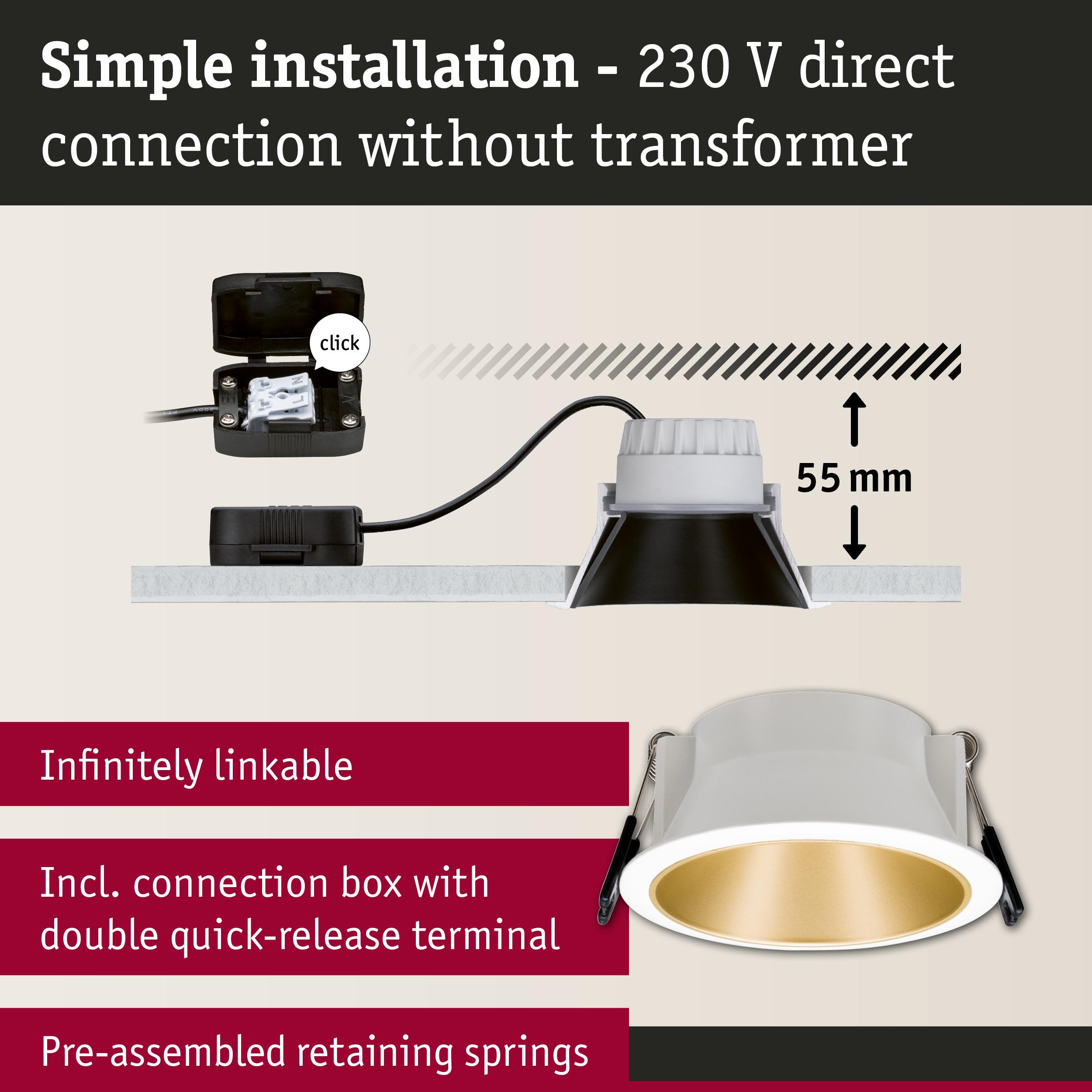 White recessed spotlight with gold interior, 55 mm depth, simple 230 V direct connection without transformer