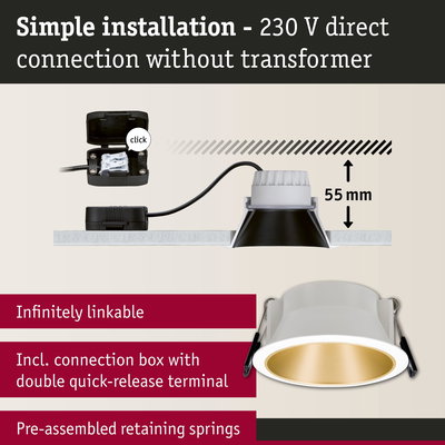 White recessed spotlight with gold interior, 55 mm depth, simple 230 V direct connection without transformer