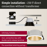White recessed spotlight with gold interior, 55 mm depth, simple 230 V direct connection without transformer