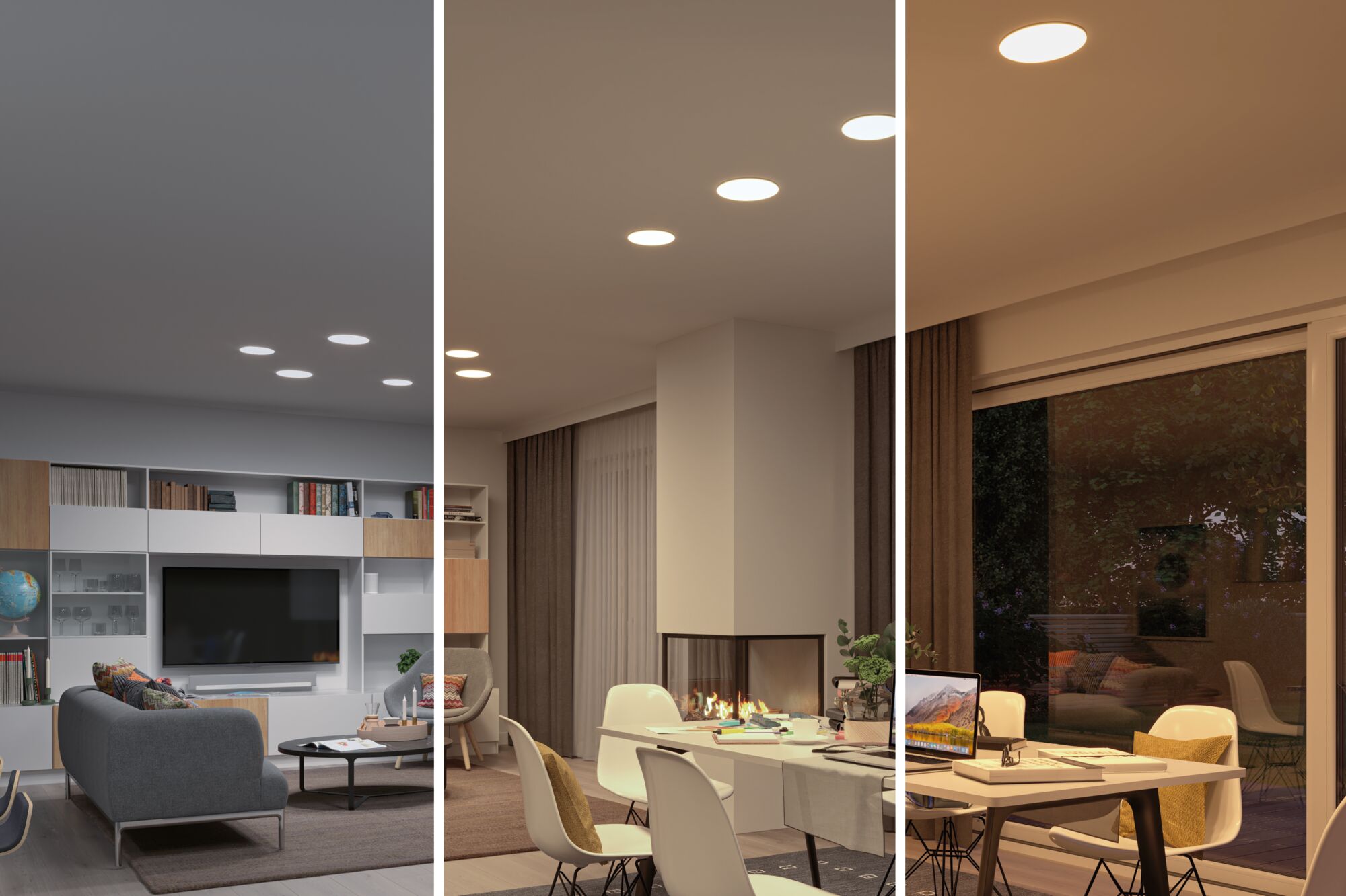 Three living spaces featuring warm white LED ceiling lights for modern interior lighting.