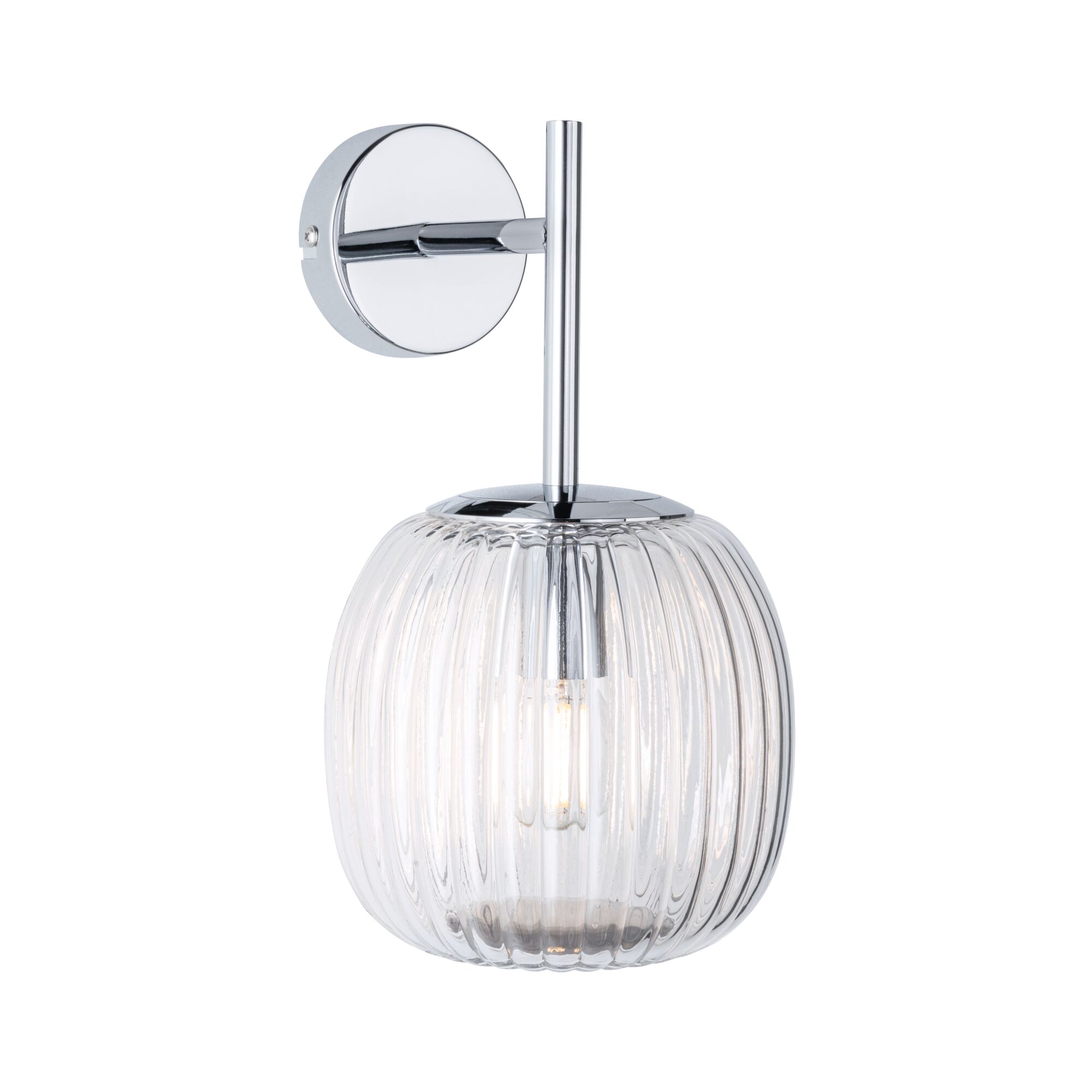 Wandlampe mit geripptem transparentem Glas und verchromtem Metallhalter für modernes Wohnambiente