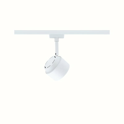 Weißer LED-Spot aus Metall an Schienensystem für flexible Beleuchtung im Innenbereich