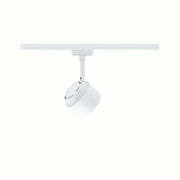 Weißer LED-Spot aus Metall an Schienensystem für flexible Beleuchtung im Innenbereich