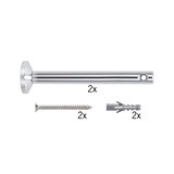 Two chrome metal brackets with screws and wall plugs for secure mounting, hardware set.