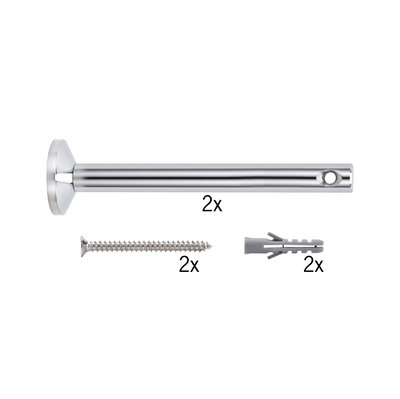 Zwei verchromte Metallhalterungen mit Schrauben und Dübeln für Wandmontage, Befestigungsset.