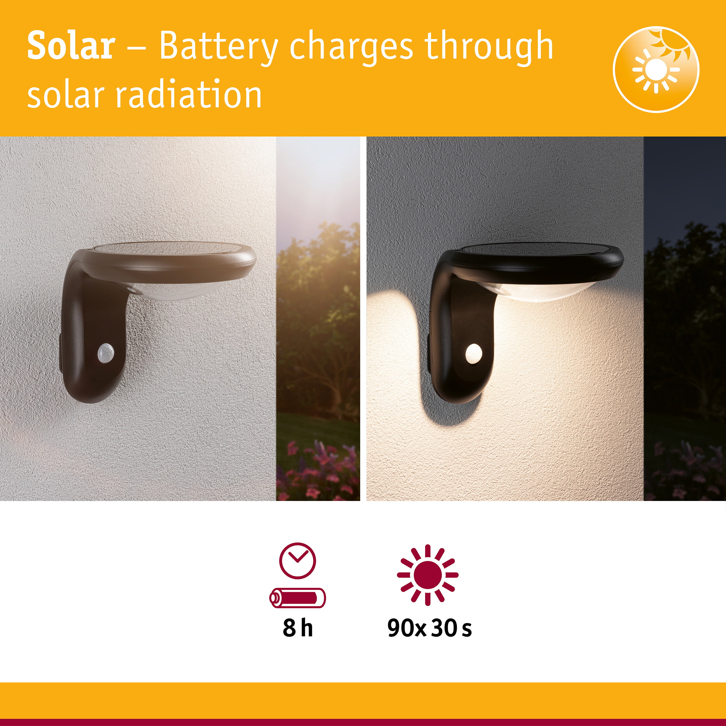 Black solar wall light with motion sensor, illustrating day and night use for energy-saving outdoor lighting
