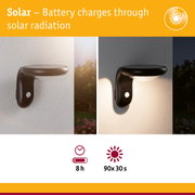 Black solar wall light with motion sensor, illustrating day and night use for energy-saving outdoor lighting