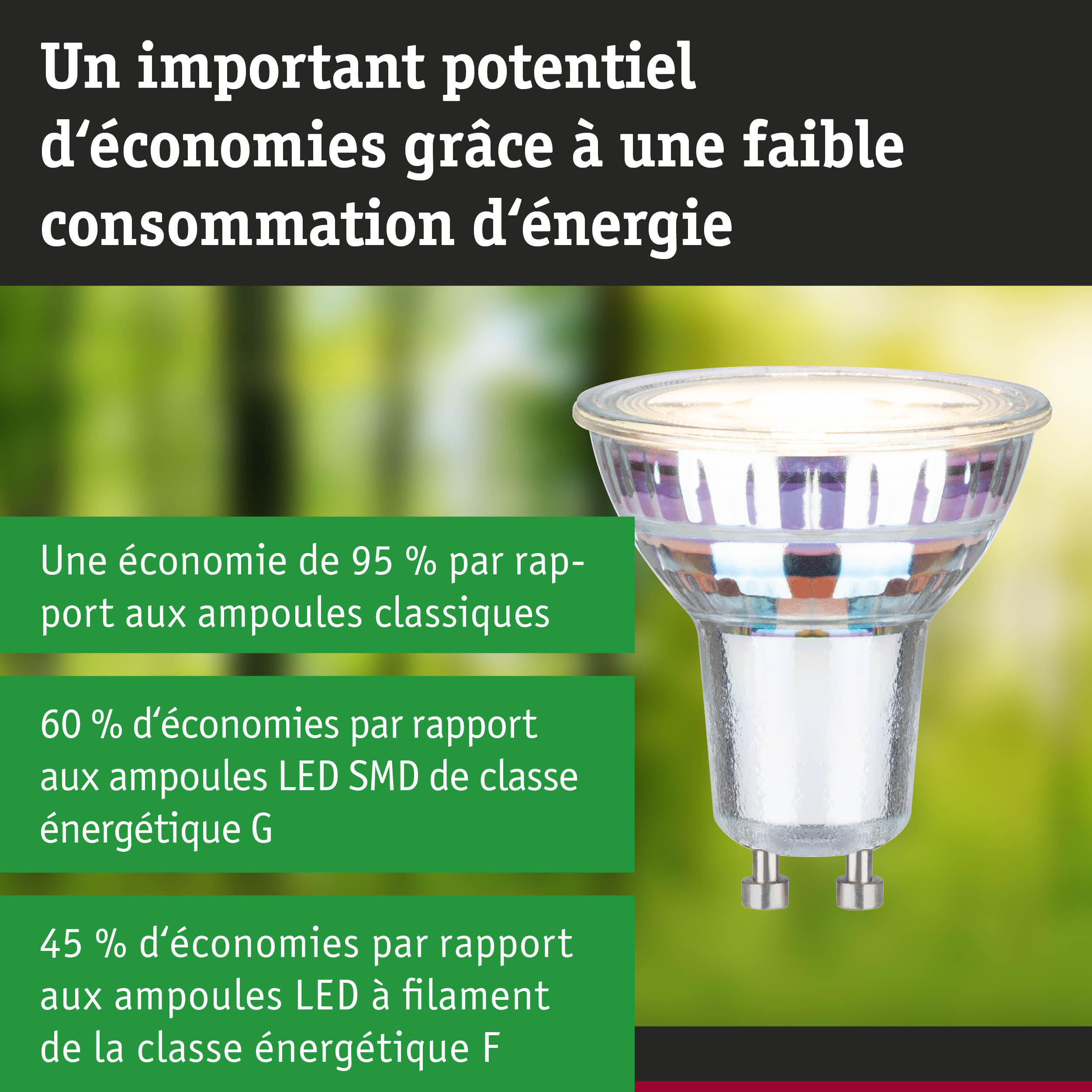 Ampoule LED GU10 économique en énergie avec verre transparent et haute efficacité pour éclairage durable