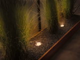 Luminaires LED encastrés en acier inoxydable éclairent un lit de gravier avec de hautes herbes vertes au jardin.