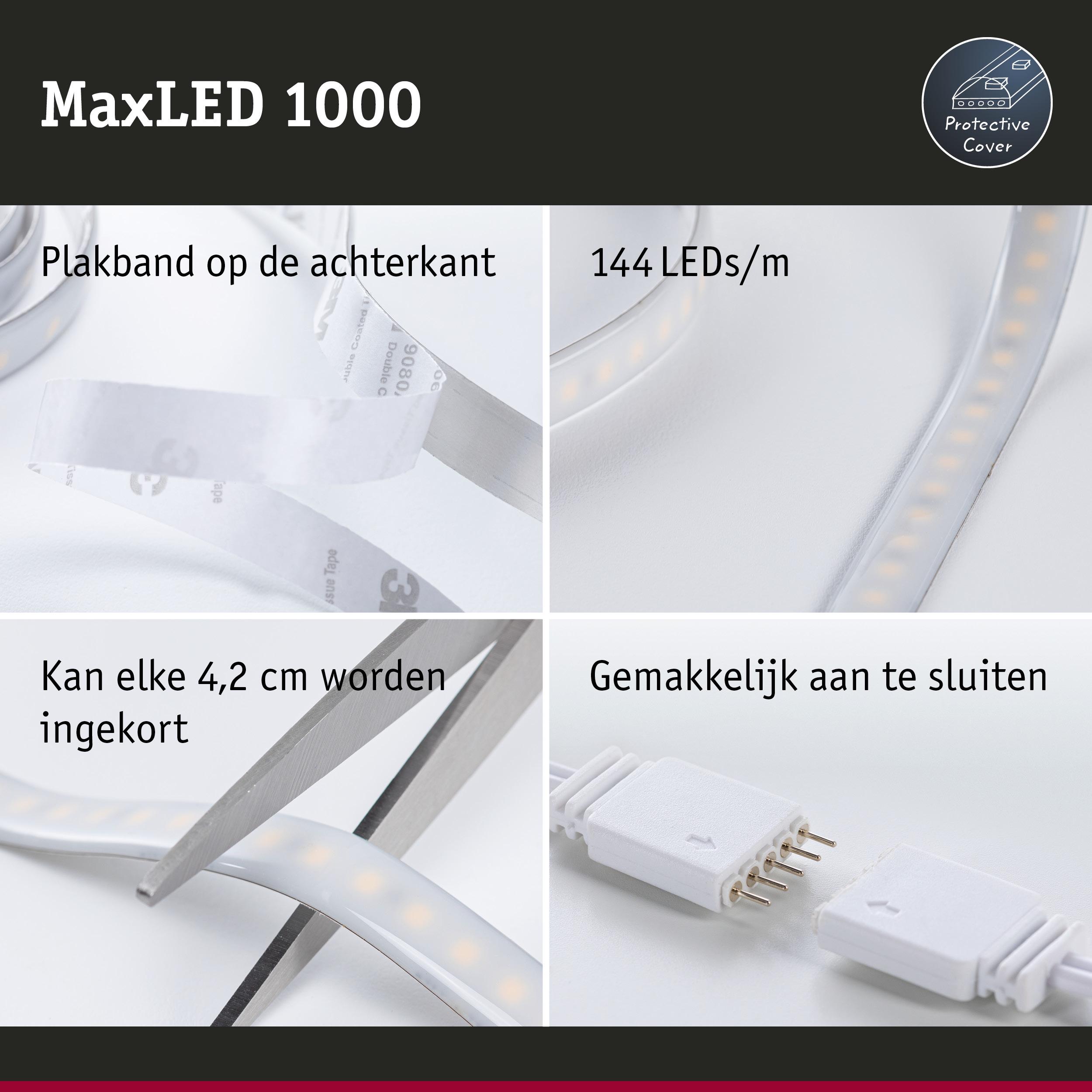MaxLED 1000 LED-strip met 144 LEDs/m, zelfklevend, in te korten per 4,2 cm, eenvoudige stekkerverbinding