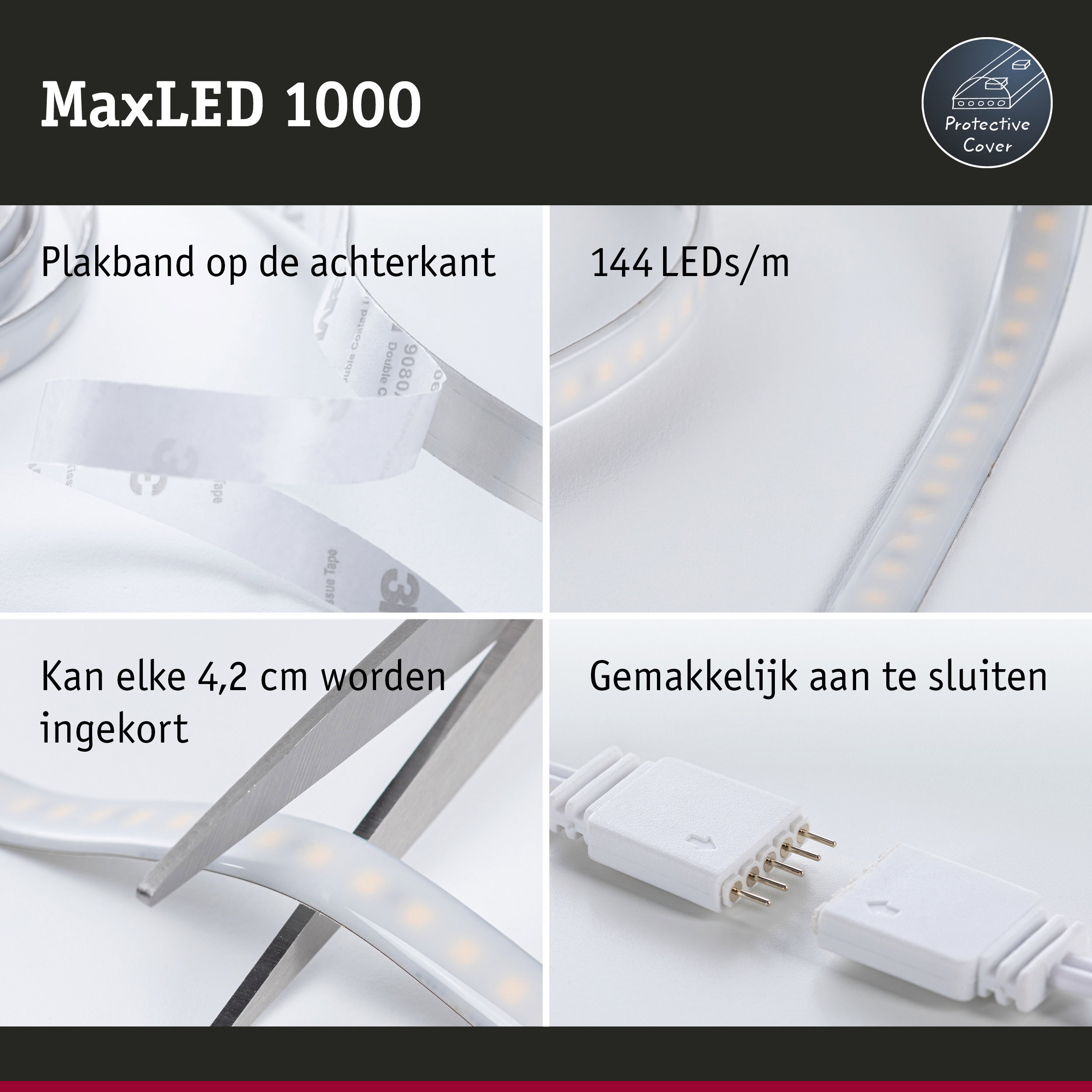 MaxLED 1000 LED-strip met beschermhoes, 144 LEDs per meter, zelfklevend en in te korten