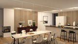 Éclairage moderne de salle à manger blanche avec suspensions et panneaux en bois, lampes LED élégantes