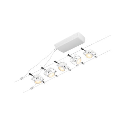 Modern white LED cable lighting system with five adjustable metal spotlights for flexible room lighting