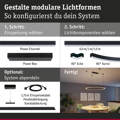 Modulares LED-Lichtsystem mit Power Channel und Box, 90° Ecke und Kurve, schwarz für Wohnraumbeleuchtung