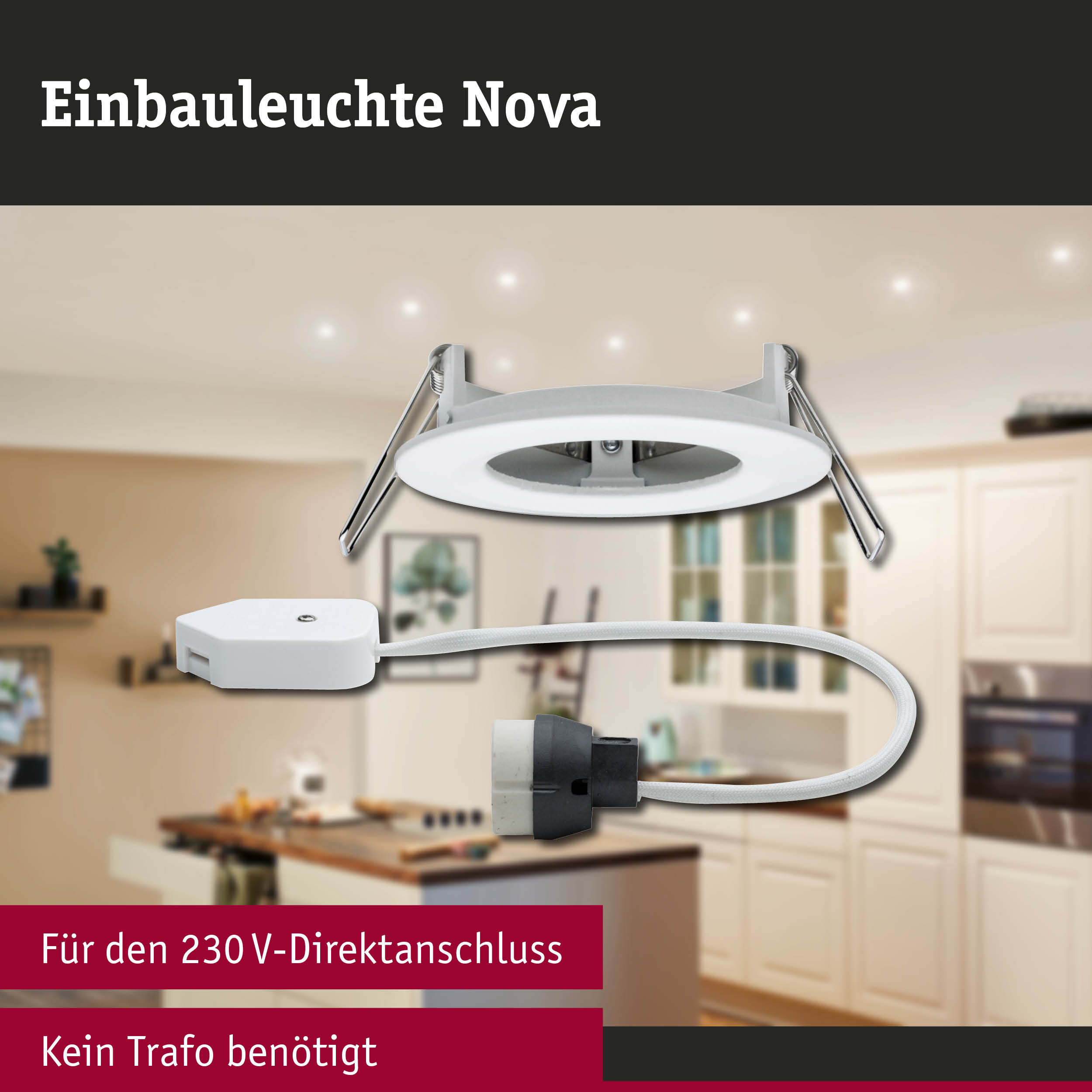 Weiße Einbauleuchte Nova aus Kunststoff mit 230V Direktanschluss für moderne Innenbeleuchtung