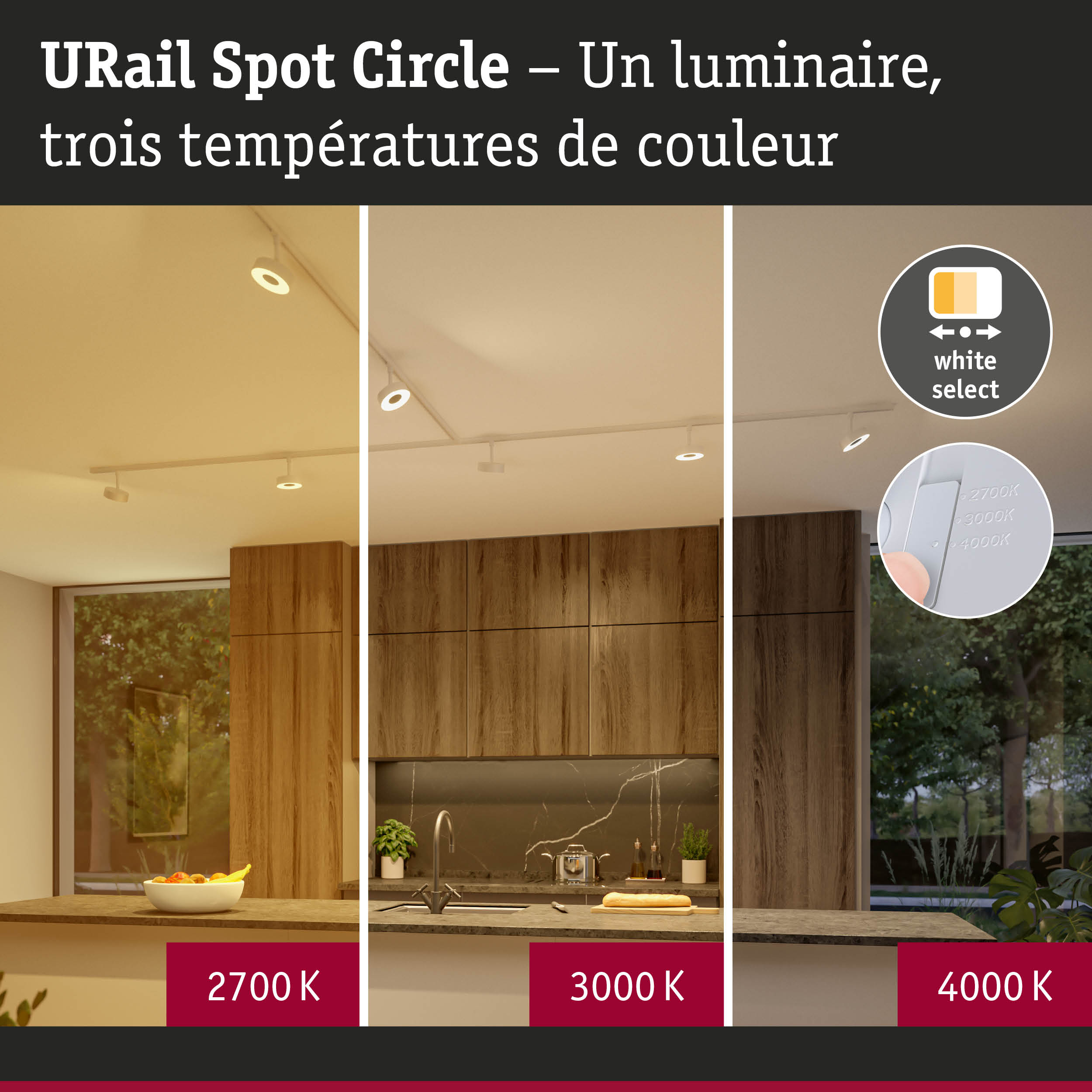Luminaire URail Spot Circle blanc avec trois températures de couleur réglables pour l'éclairage intérieur