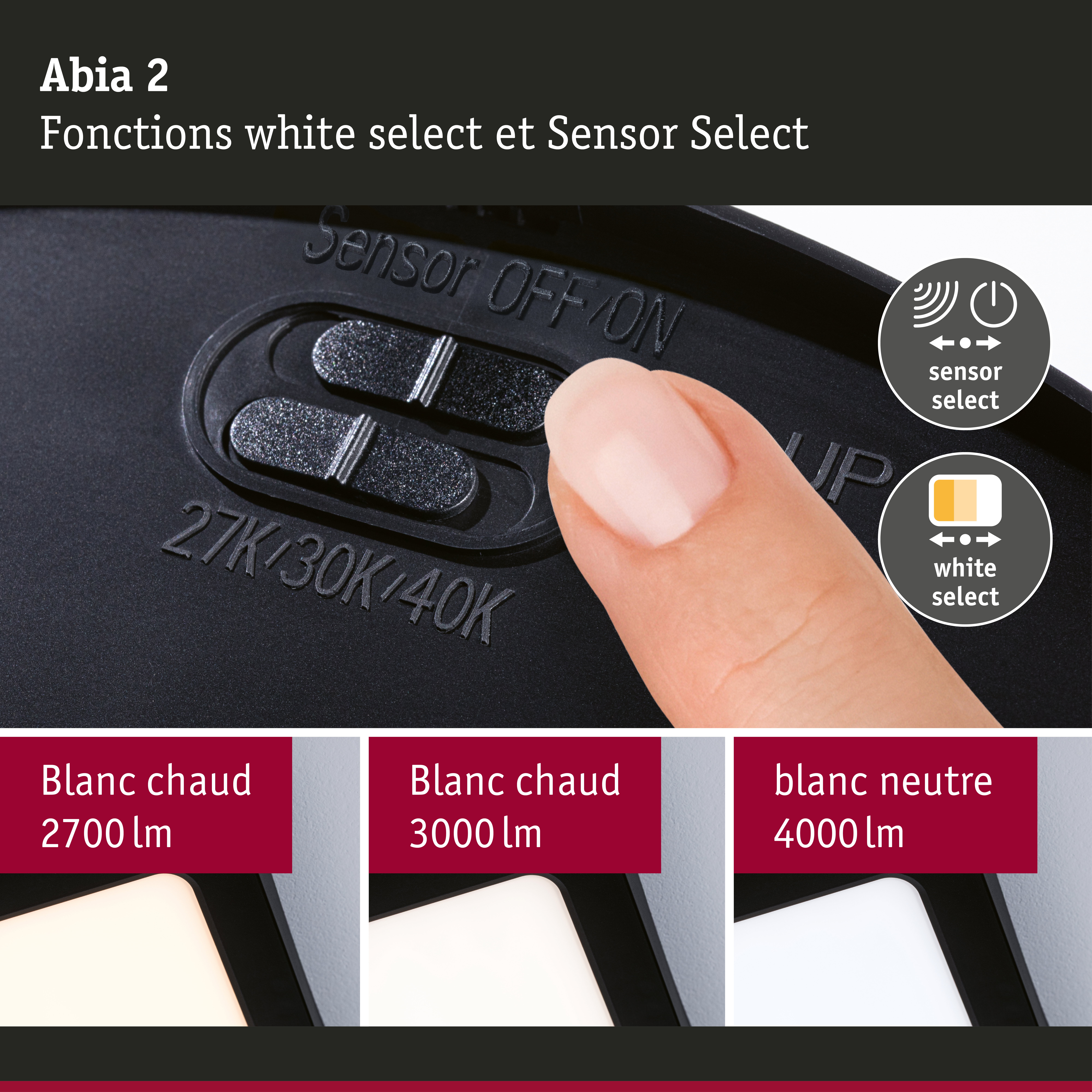 Panneau LED Abia 2 White Select Détecteur de mouvement crépusculaire (HF) carré 170x170mm 9,5W 1100lm White Select Noir
