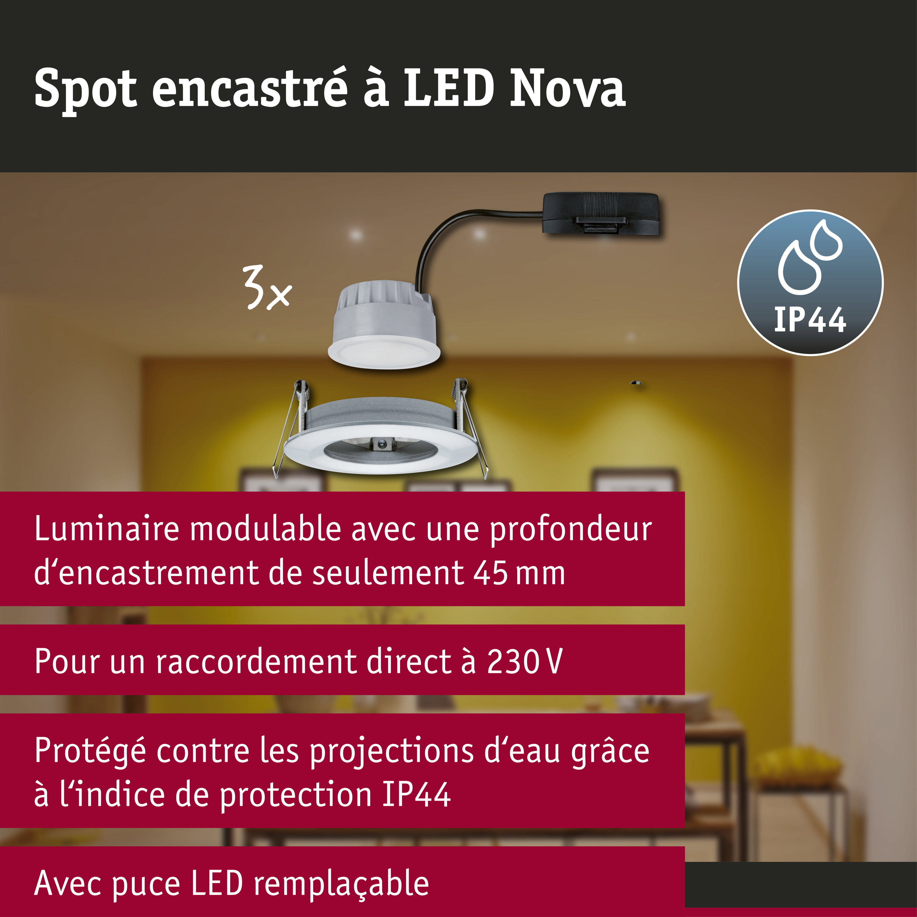 Spot encastré LED 3-Step-Dim Nova Coin Kit de base fixe IP44 rond 78mm Coin 3x6W 3x470lm 230V gradable 2700K Alu tourné