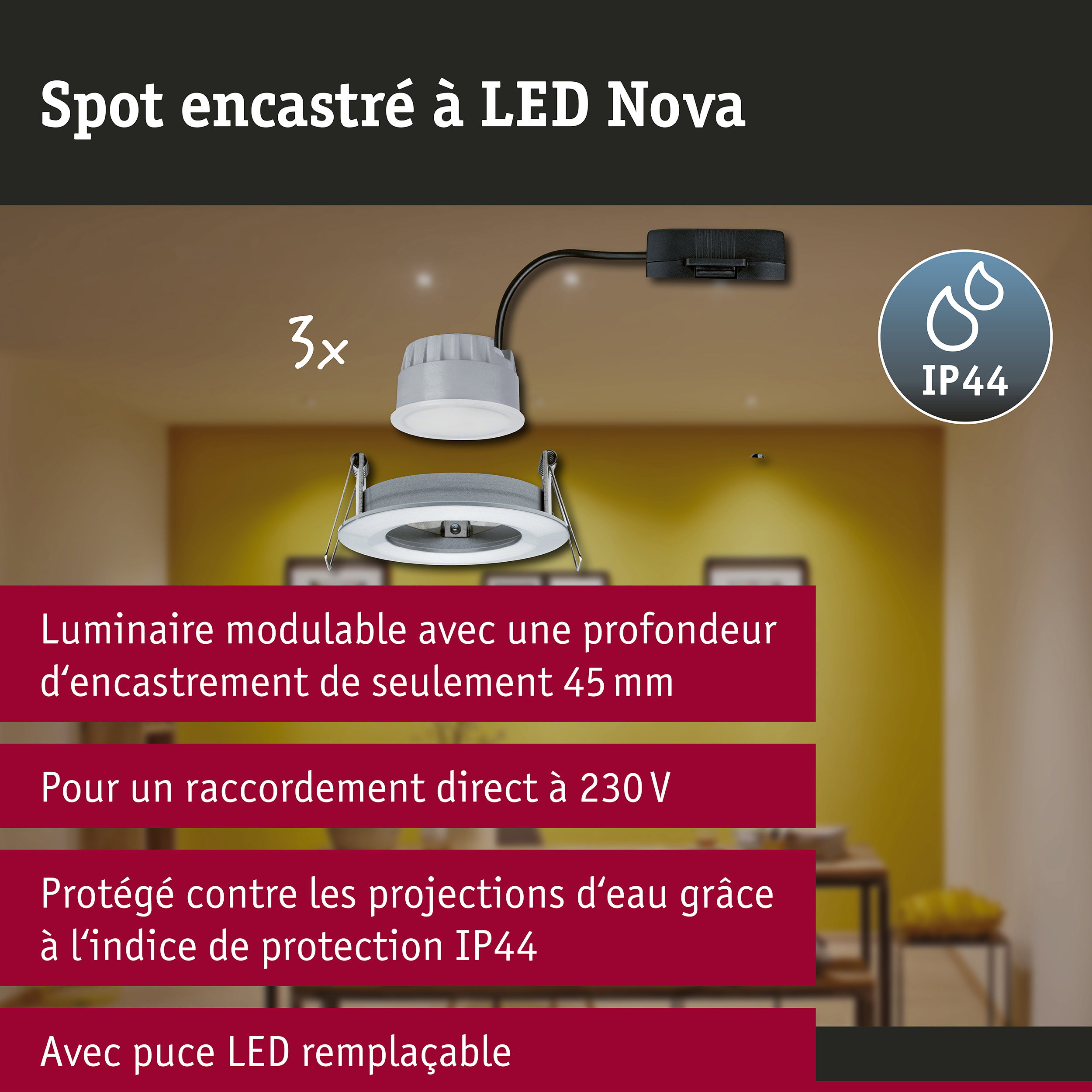 Spot encastré LED 3-Step-Dim Nova Coin Kit de base fixe IP44 rond 78mm Coin 3x6W 3x470lm 230V gradable 2700K Alu tourné