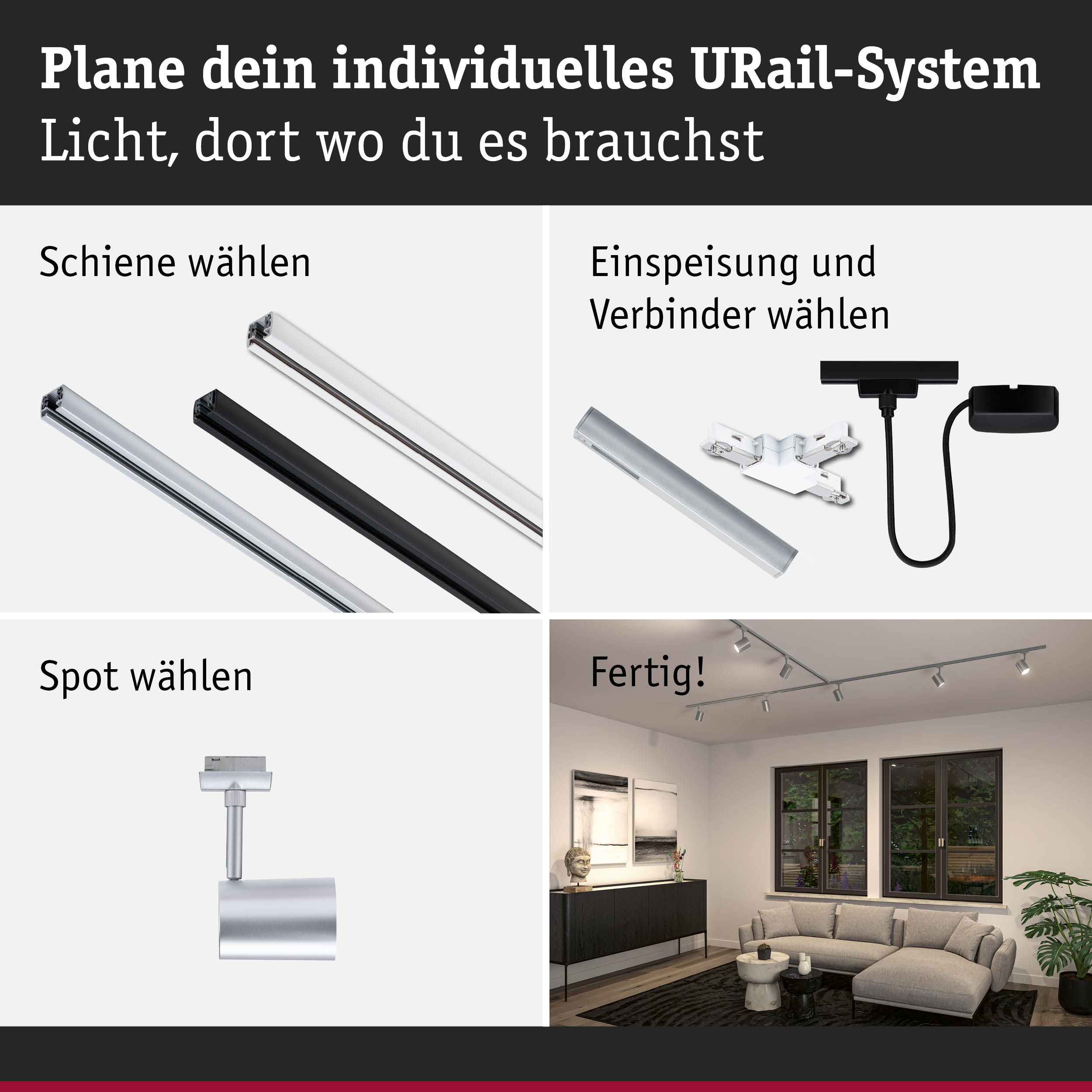 Modulares URail-Schienensystem mit weißen und schwarzen Schienen, Steckern und Spots für flexible Raumbeleuchtung