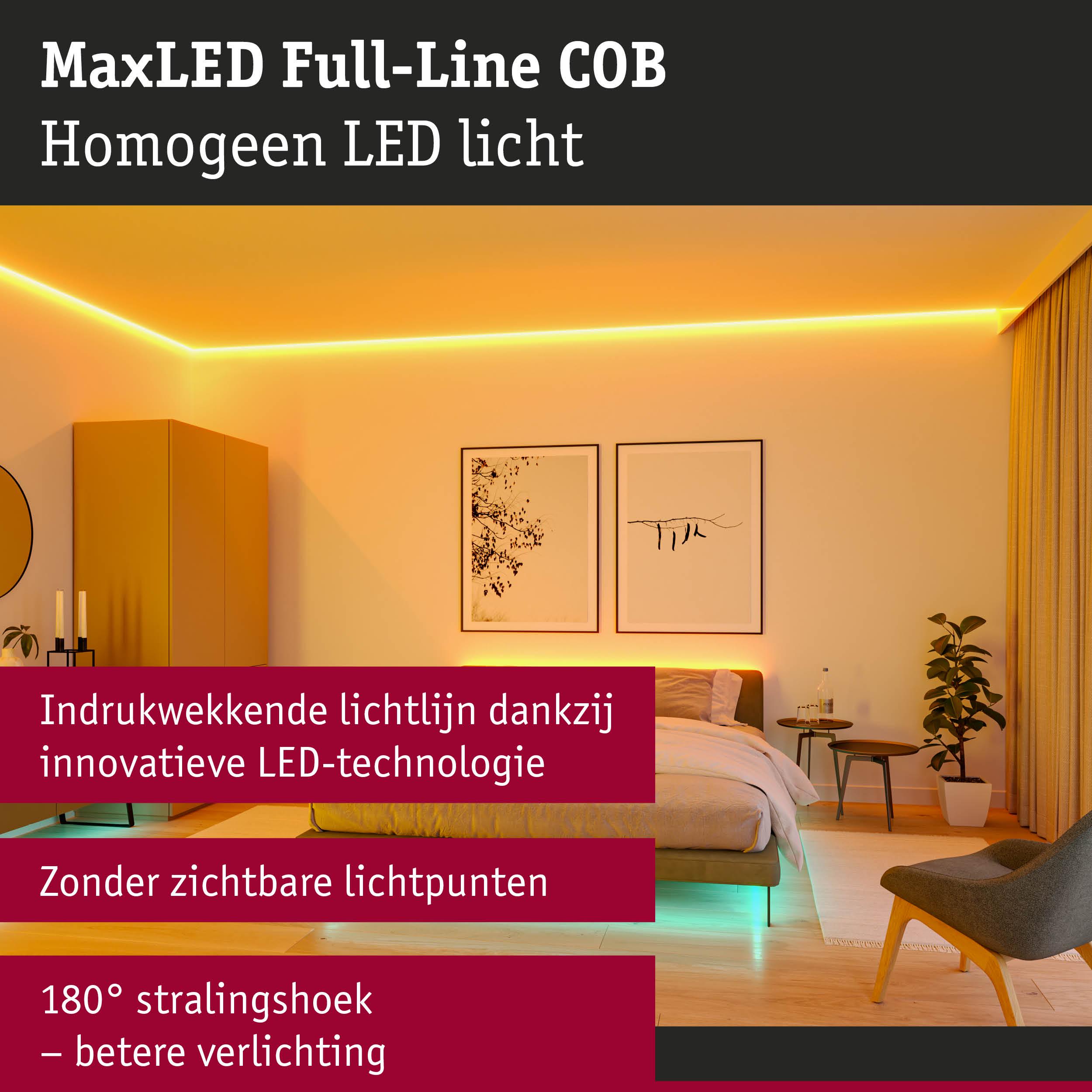 Modern slaapkamer met MaxLED Full-Line COB LED-lichtlijn in warm wit voor gelijkmatige verlichting