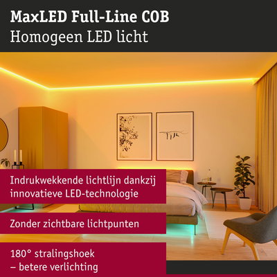 Modern slaapkamer met MaxLED Full-Line COB LED-lichtlijn in warm wit voor gelijkmatige verlichting