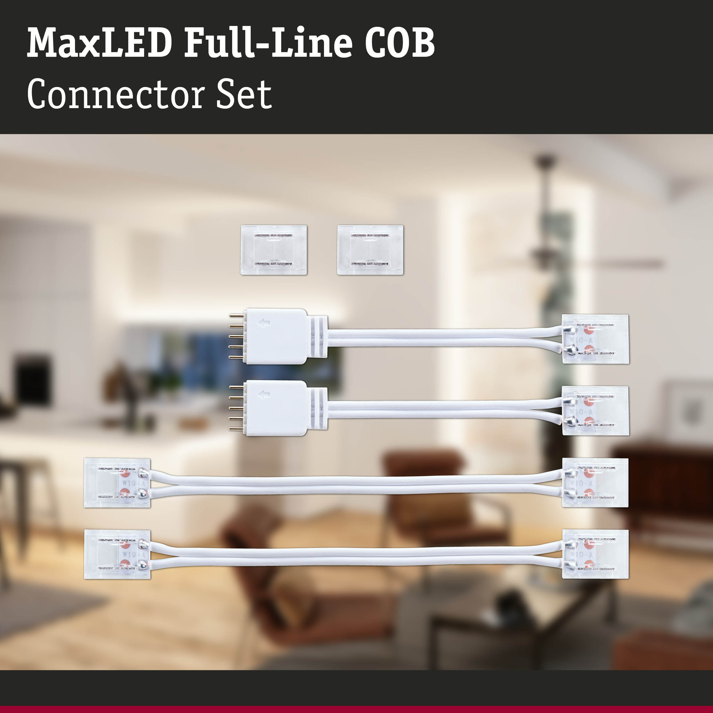 MaxLED Full-Line COB connector set with white cables and clear connectors for LED lighting installation