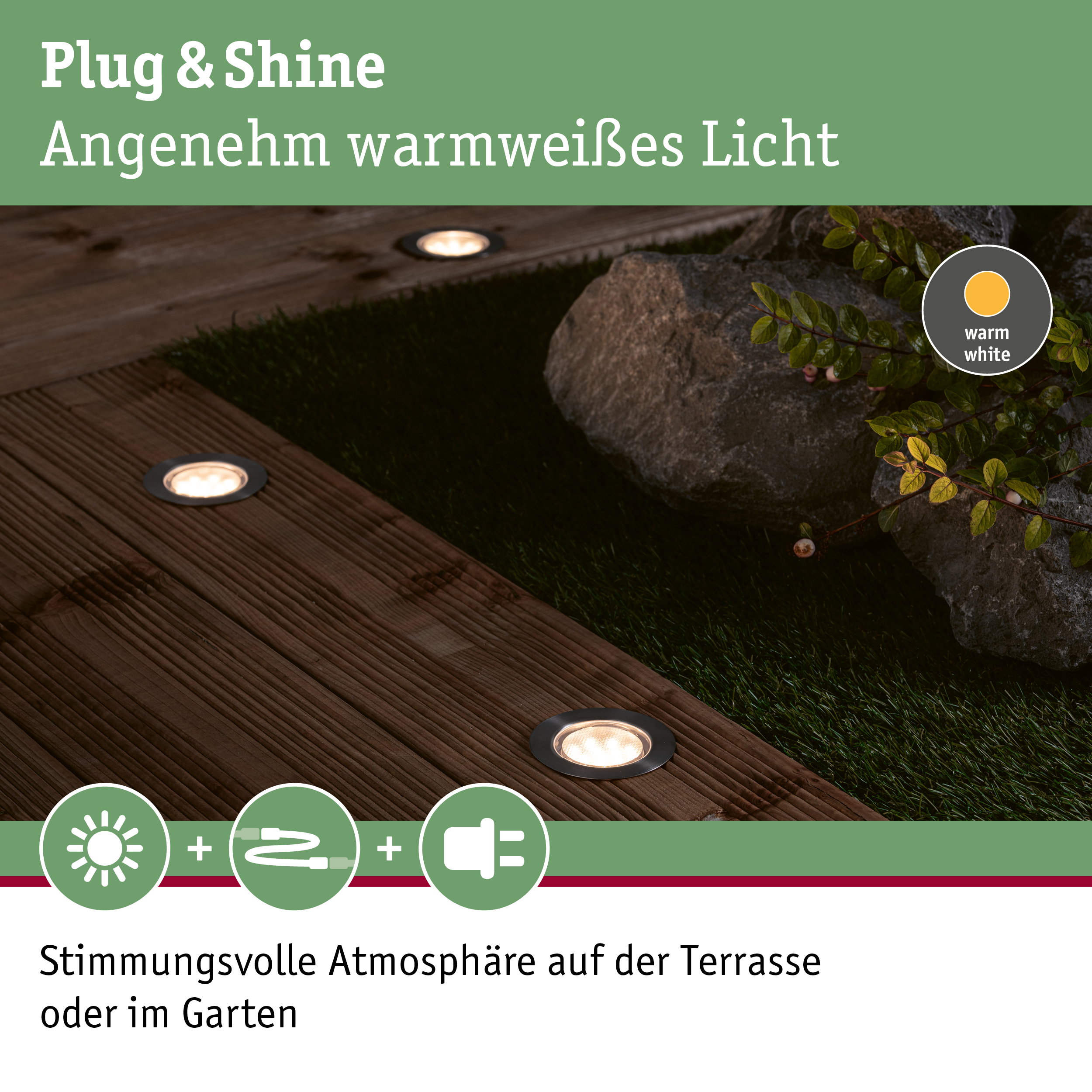 LED-Bodeneinbauleuchten mit warmweißem Licht auf Holzterrasse für Gartenbeleuchtung