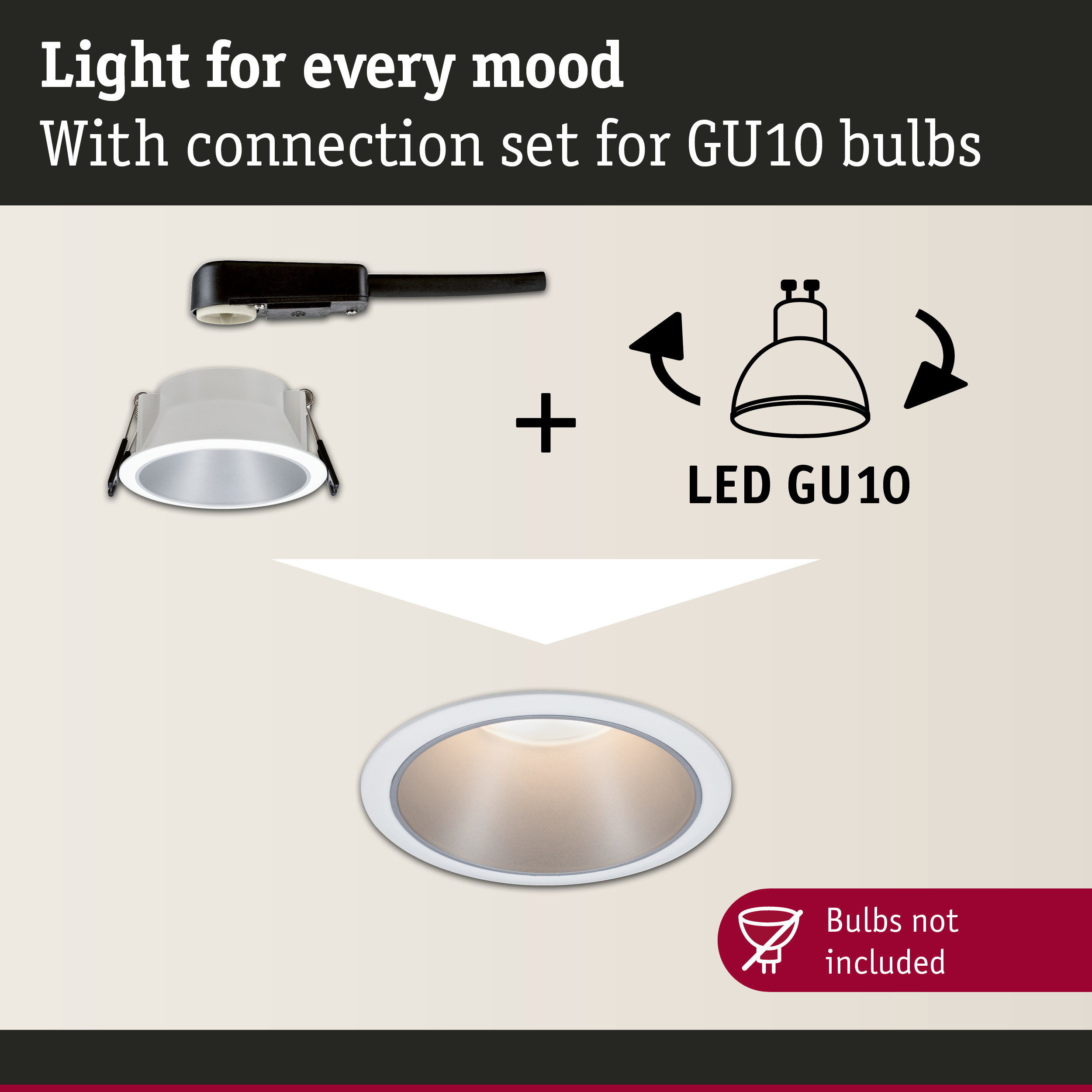 White LED recessed spotlight with black connection cable for GU10 bulbs, lighting set