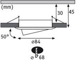 Technical drawing of a round LED recessed spotlight with 84 mm diameter and 50-degree tilt