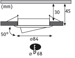 Technical drawing of a round LED recessed spotlight with 84 mm diameter and 50-degree tilt