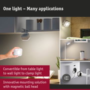 White LED light with magnetic ball head for versatile mounting as table, wall, or clamp lamp
